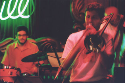 The CIG  live at the Green Mill. L-R: a pre-U.S. Maple Adam Vida, Jeb Bishop (with shorter hair than he has now!), Kent Kessler (with the same absence of hair he has now). 